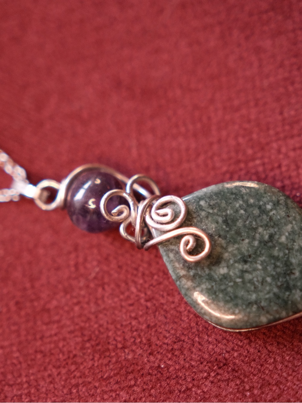 Handmade Wire Wrapped Green Aventurine Amethyst Pendant Necklace Boho Crystal